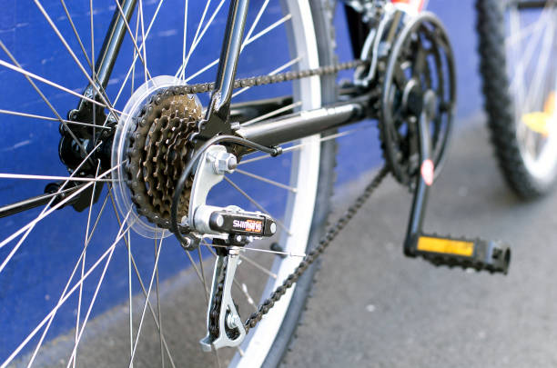 Hobart, Tasmania, Australia, August 15, 2003: Close up details of a rear gear changing mechanism  and gear cogs on a bicycle