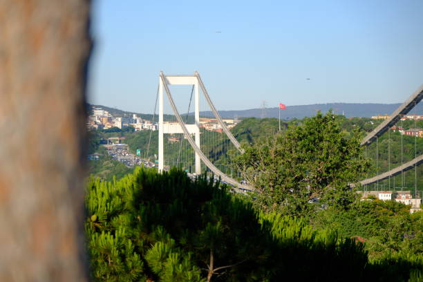 raffic density between the European and Anatolian sides of Istanbul Fatih Sultan Mehmet Bridge. Bridge pillar single view.