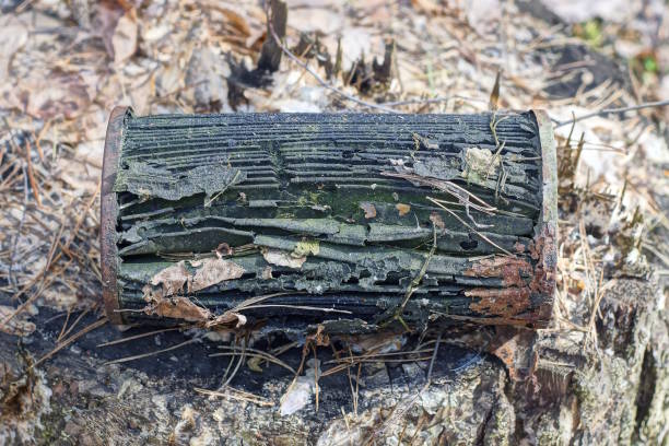 one old black brown car filter made of paper and rusty iron lies on a gray stump on the street