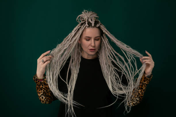 istock Woman With Long White Hair and Leopard Print Jacket 2159084563