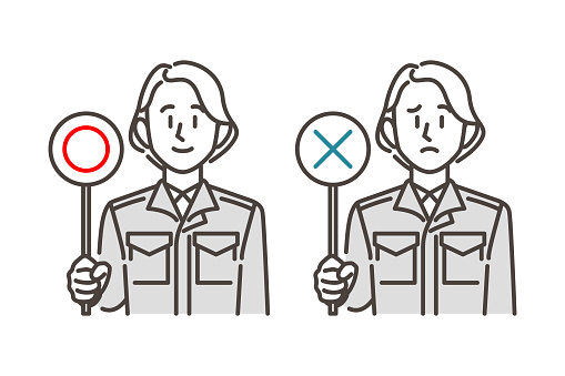 Correct Or Incorrect Working A Female Worker In Work Clothes Holding A Stick With Correct And ...