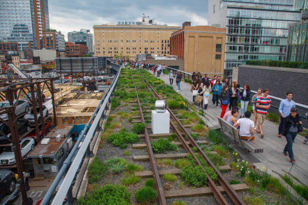 The tracks in the High Line Park in the West side of Manhattan, New York City