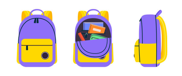 ilustrații de stoc cu set de ghiozdane școlare copilărești și ghiozdane laterale cu vedere frontală și laterală - rucsac
