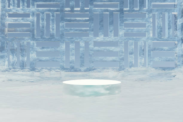 istock Abstract 3d render natural background, Ice podium on the ice ground surface with frozen wall for product display, advertising, mockup, cosmetic or etc 2159103794