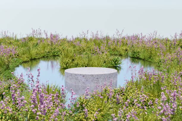 istock Abstact 3d render spring scene and Natural podium background, Stone podium on the colorful flowers and grass field in the lake for product display, advertising, mockup, cosmetic or etc 2159103798
