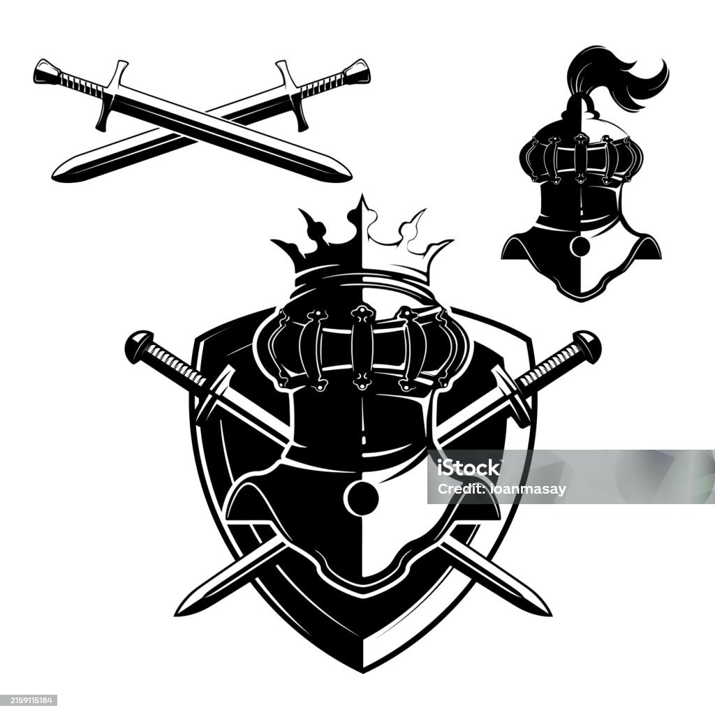 Knight Lable Knight Helmet With Two Swords And Shield Isolated On White Background ...