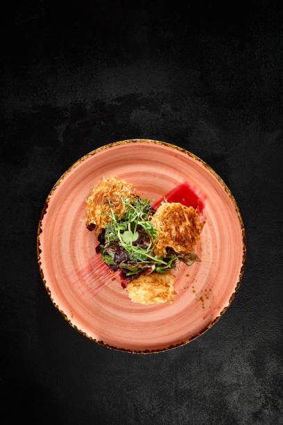 istock Stylish Tempura Fried Cheese with Beetroot on Rustic Plate 2159116359
