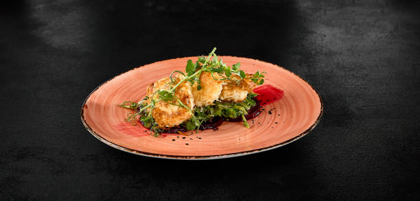 istock Tempura Fried Cheese with Beetroot on Artistic Plate 2159116446