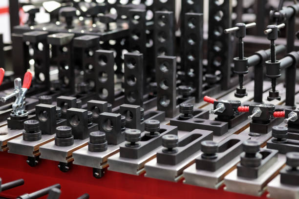 Heavy duty welding table and fixtures kit close up. Selective focus.