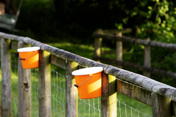 two orange feed buckets with white lids attached to a farm fence