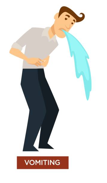 Vomiting sunstroke symptom stomach dysfunction isolated male character Sunstroke symptom vomiting stomach function disorder isolated icon vector man puking medicine and healthcare summer heat danger nausea and sickness hypothermia and metabolism dysfunction retching retching stock illustrations