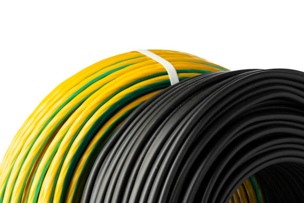 istock Yellow And Black Electrical Wire Spools Isolated On White Background 2159121616
