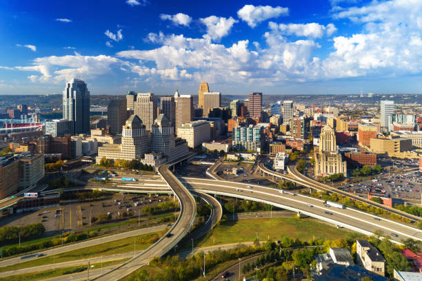 istock Cincinnati Skyline Aerial With Puffy Clouds and Highway 2159122818