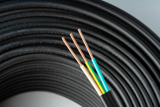 A close-up photo of a coil of black electrical wire with blue and white wires running along the outer edge.