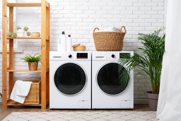 istock Modern Laundry Room With White Appliances and Green Plants 2159123735