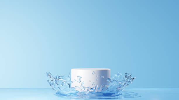 istock 3D Illustration.White pedestal floating on blue background and water surface. Splash of water. (Horizontal) 2159123748