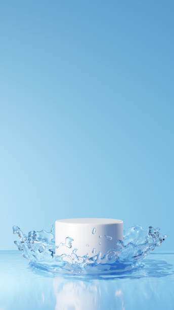 3D Illustration.White pedestal floating on blue background and water surface. Splash of water. (Vertical)