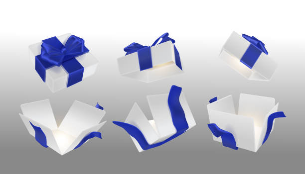istock A set of open white surprise boxes tied with blue ribbons 2159123824