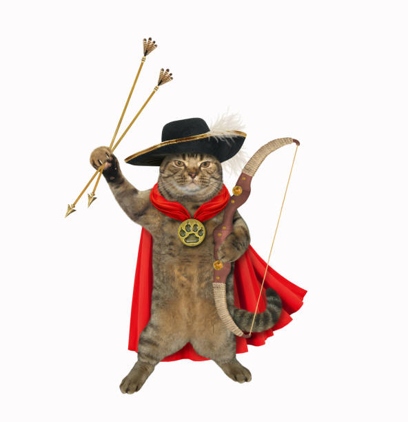 A beige cat in a red cloak with a bow and arrows. White background.  Isolated.
