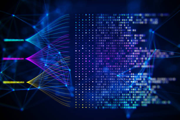 istock Abstract digital data streams on a dark blue background, conveying the concept of big data and cloud technology. 3D Rendering 2159126757
