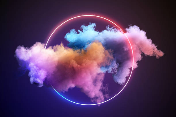 istock Colorful smoke swirls inside a light ring on dark background, concept of modern design. 3D Rendering 2159126764