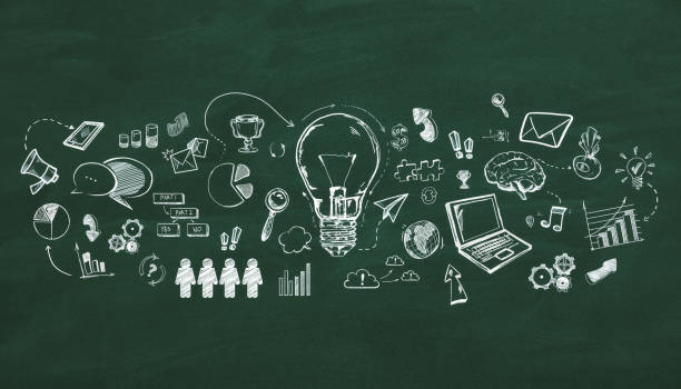 istock Chalkboard with creative hand-drawn doodles representing business and innovation concepts on a dark green background 2159126827