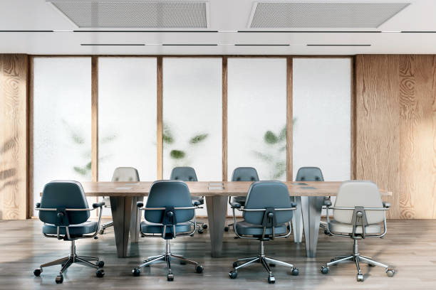 istock Modern office interior with wooden elements and frosted glass, featuring a conference table and chairs, indoors on a light background, concept of a corporate environment. 3D Rendering 2159126866