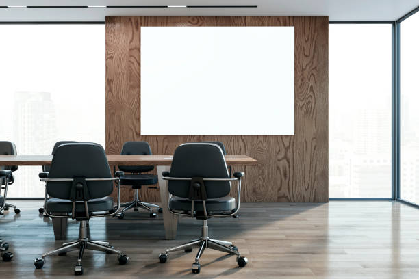istock Modern office interior with wooden elements, rolling chairs, and a blank projector screen on cityscape background, concept of business meetings. 3D Rendering 2159126874