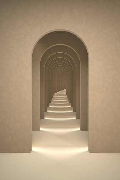 istock 3d Abstract Arch Tunnel Scene Background, Surreal Render, Pastel Tones Archs for Product Display. 2159126922