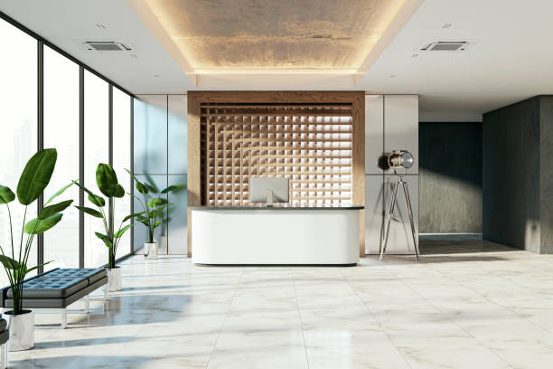 istock Modern lobby interior with reception desk, marble floor, and large windows, concept of corporate building. 3D Rendering 2159126959