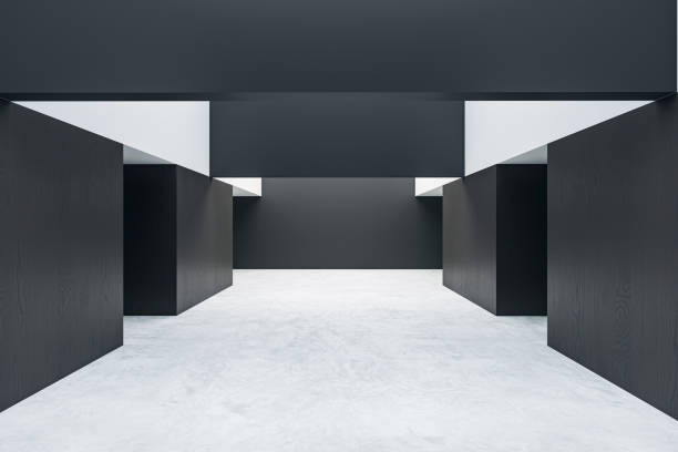 istock A modern gallery interior with black walls, contrasting white details and an empty light grey floor, concept of a minimalistic space. 3D Rendering 2159126999