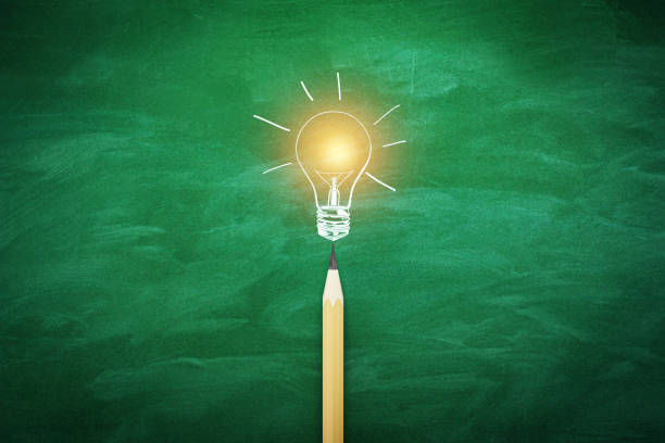 Pencil with a lightbulb idea concept drawn above it against a green blackboard background, symbolizing creative education concept. 3D Rendering