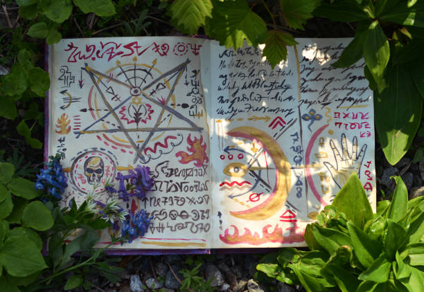 istock Still life with old open magic book pages with ritual spells outside on the grass background. Esoteric, gothic and mystic concept. No foreign language, only fantasy symbols. 2159131889