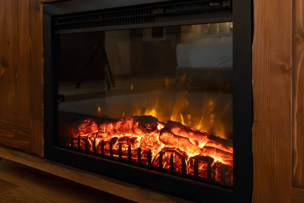Electric fireplace firewood close-up
