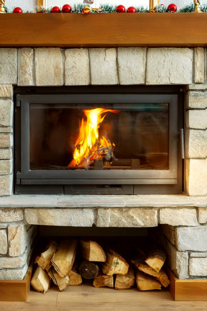 istock Stone Fireplace with burning fire, Cozy Winter 2159135102