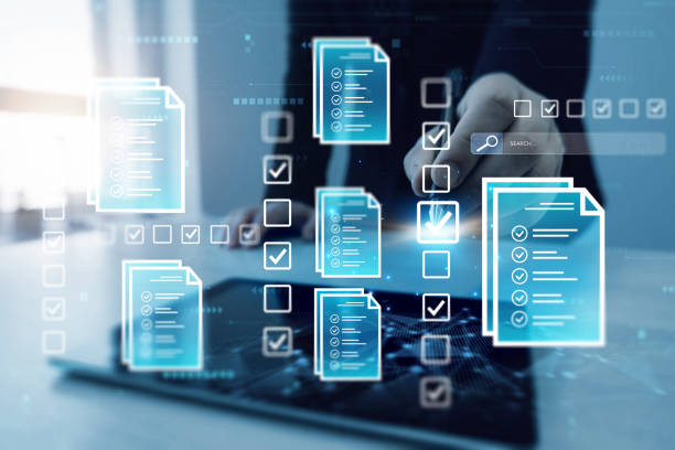 istock Businessman check virtual electronic documents  and checklist approve. Business productivity checklist and filling survey form.Fast checklist and clipboard task management. 2159135987