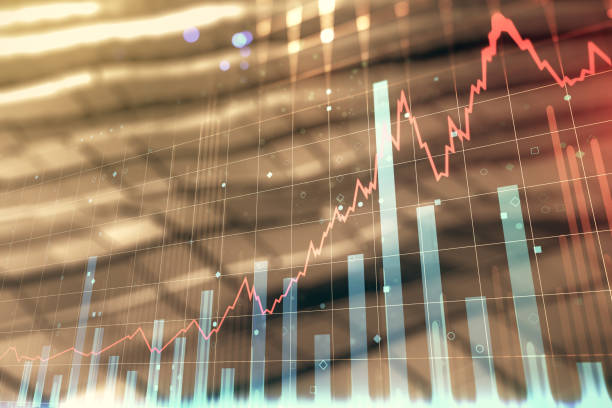istock Abstract virtual financial graph hologram on blurry abstract metal background, forex and investment concept. Multiexposure 2159138000