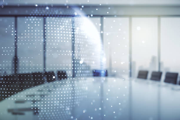 istock Multi exposure of abstract creative digital world map hologram on a modern conference room background, tourism and traveling concept 2159138010