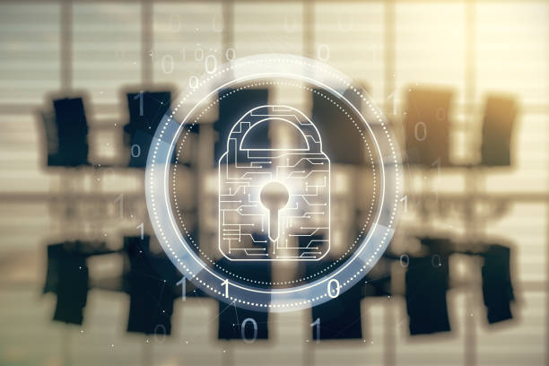 istock Virtual creative lock illustration with microcircuit on a modern coworking room background, cyber security concept. Multiexposure 2159138012