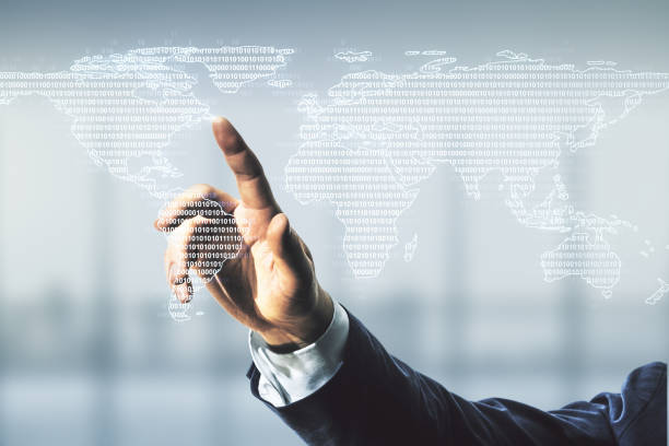 istock Multi exposure of businessman hand clicks on abstract graphic world map on blurred office background, big data and networking concept 2159138030