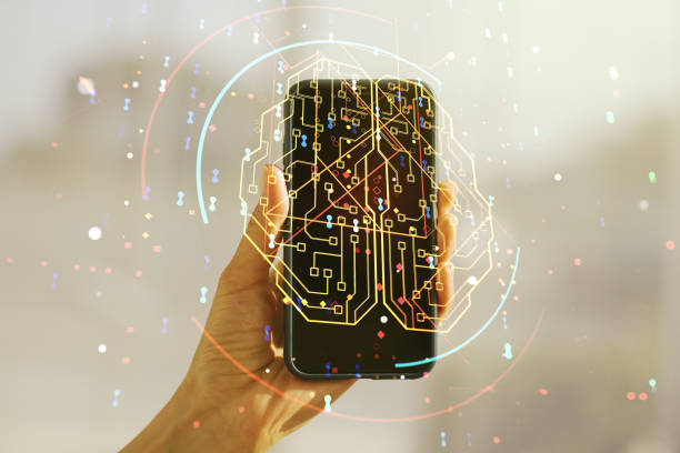 Creative artificial Intelligence concept with human brain sketch and hand with mobile phone on background. Double exposure