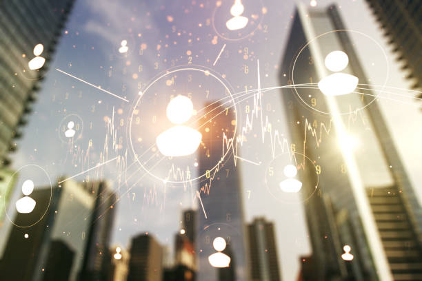 istock Double exposure of abstract virtual social network icons on modern skyscrapers background. Marketing and promotion concept 2159138043