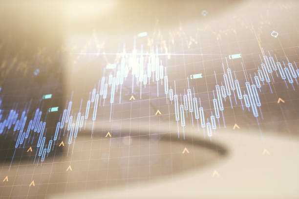 istock Multi exposure of virtual abstract financial chart hologram and world map on empty modern office background, research and analytics concept 2159138119