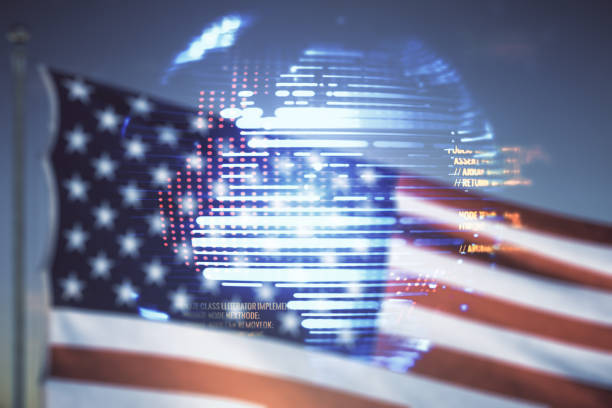 istock Double exposure of abstract creative programming illustration and world map on US flag and blue sky background, big data and blockchain concept 2159138130