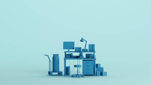 istock Blue laboratory equipment science lab research modern workplace pale background 2159139016