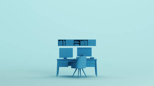 istock Blue office home studio space desk chair remote working pale background front view 2159139097