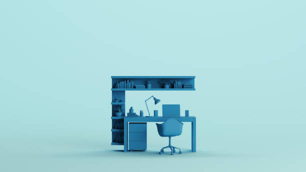 istock Blue office home studio space desk chair remote working pale background front view 2159139116