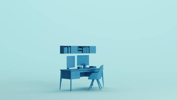 istock Blue office home studio space desk chair remote working pale background quarter view 2159139117