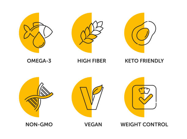 Main icons set for food dietary supplement labeling General-purpose icons set for food dietary supplement - Omega-3, High fiber, Keto friendly, Non-GMO, Vegan and Weight control - pictograms for labeling in thin line and semicircle shapes straight talk stock illustrations