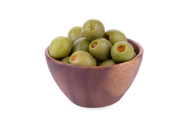 istock Spanish Olive with Pimiento in Wooden Bowl isolated on white background 2159141399
